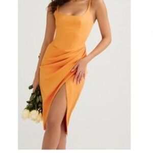 House of CB Bianca Tangerine Satin Pleat Corset Midi Dress XS‎